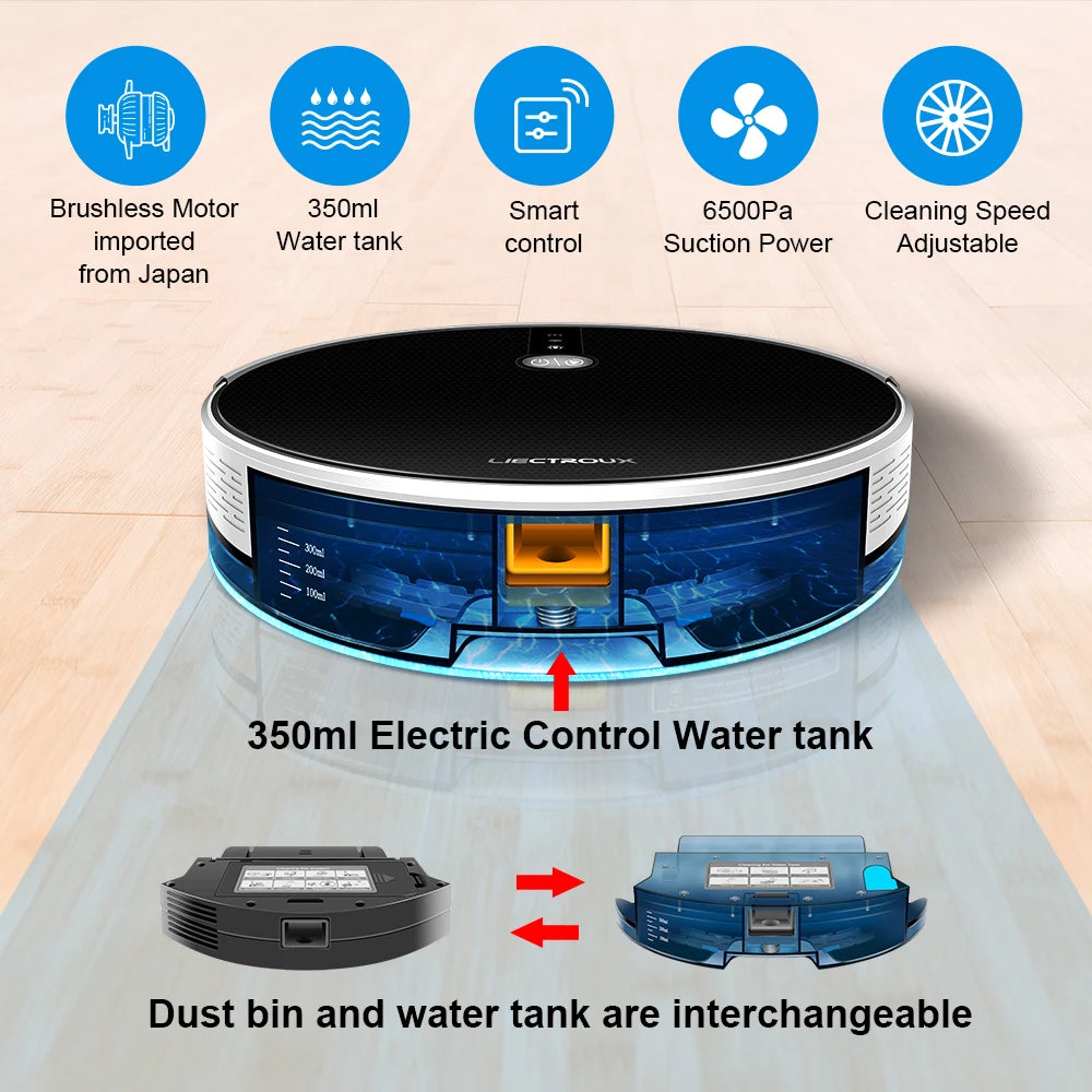 LIECTROUX C30B Robot Vacuum Cleaner Smart Mapping,App & Voice Control,6000Pa Suction,Wet Mopping,Floor Carpet Cleaning & Washing