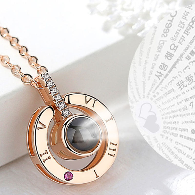 Huitan Hot Sale Round/Heart Pendant Necklace for Women with Unique Projection Function 100 Language "I LOVE YOU" Love Necklaces